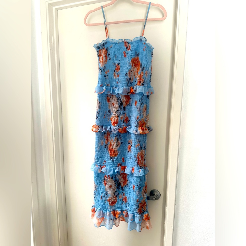 Bebe Blue Floral Ruffle Dress - Size M - Picture 2 of 4